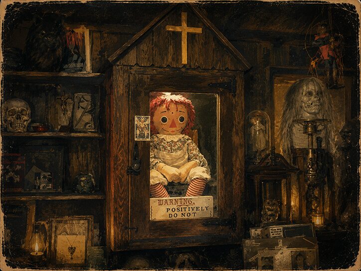 Vintage illustrated painting of the real Annabelle Raggedy Ann doll behind glass with a do-not-open warning sign