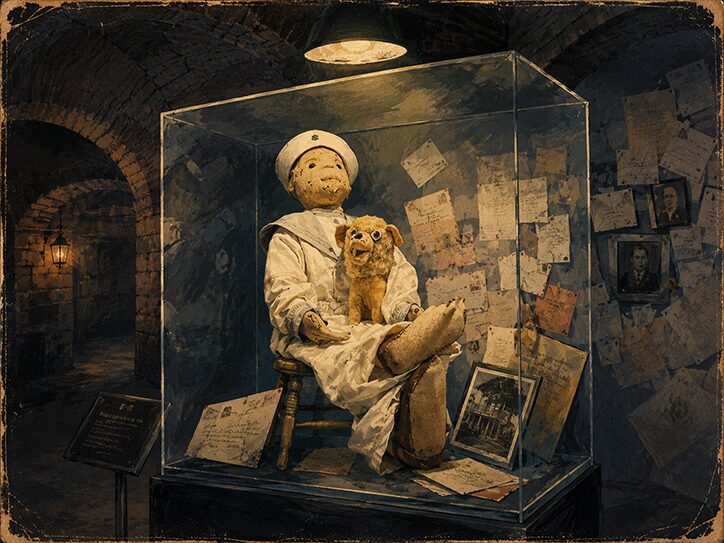 Vintage illustrated painting of Robert the Doll in his sailor suit holding a small stuffed dog at Fort East Martello Museum