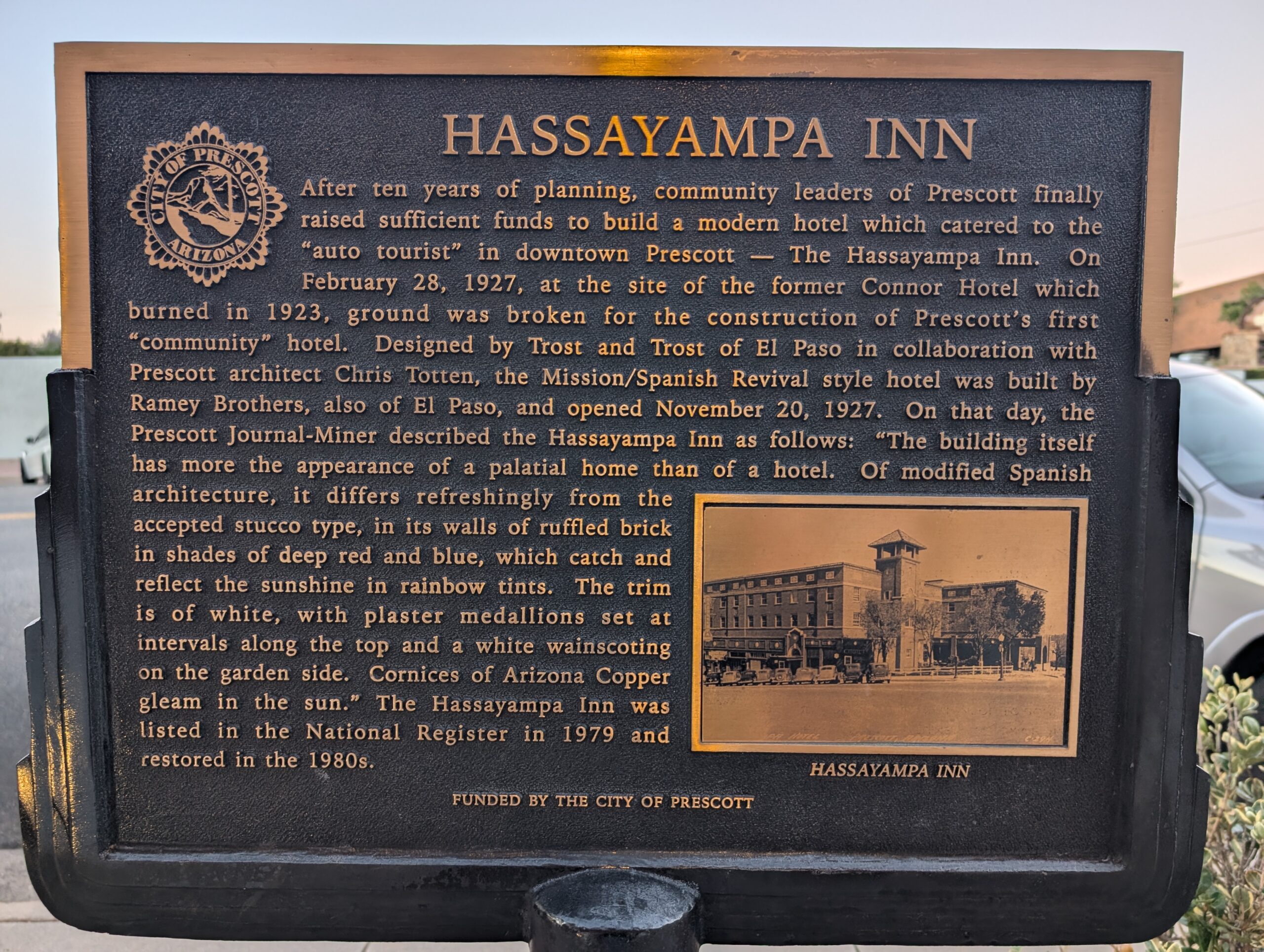 The historic plaque outside the Hassayampa Inn in Prescott