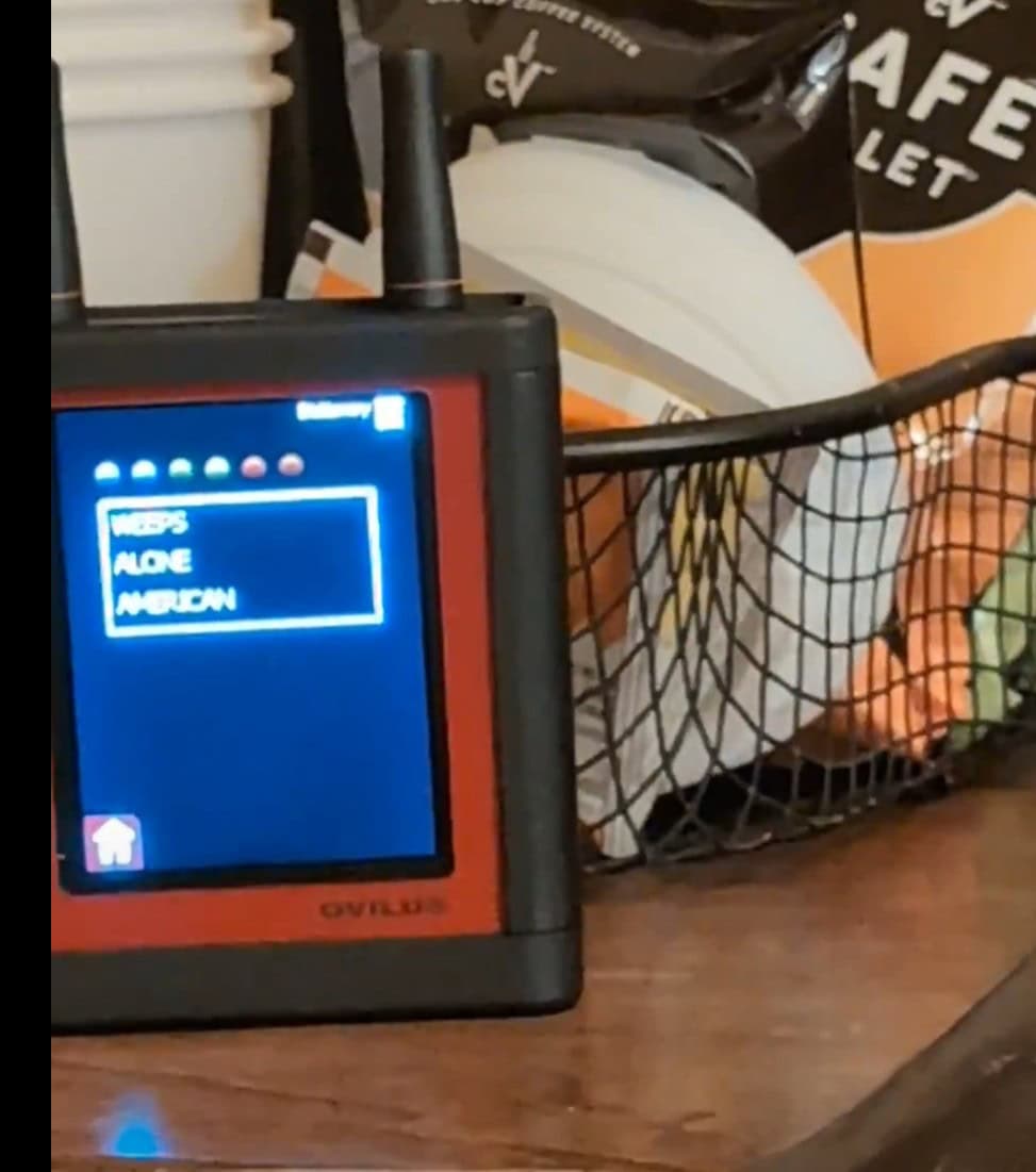 Ovilus screen showing the words Weeps, Alone, and American during the Hassayampa Inn investigation