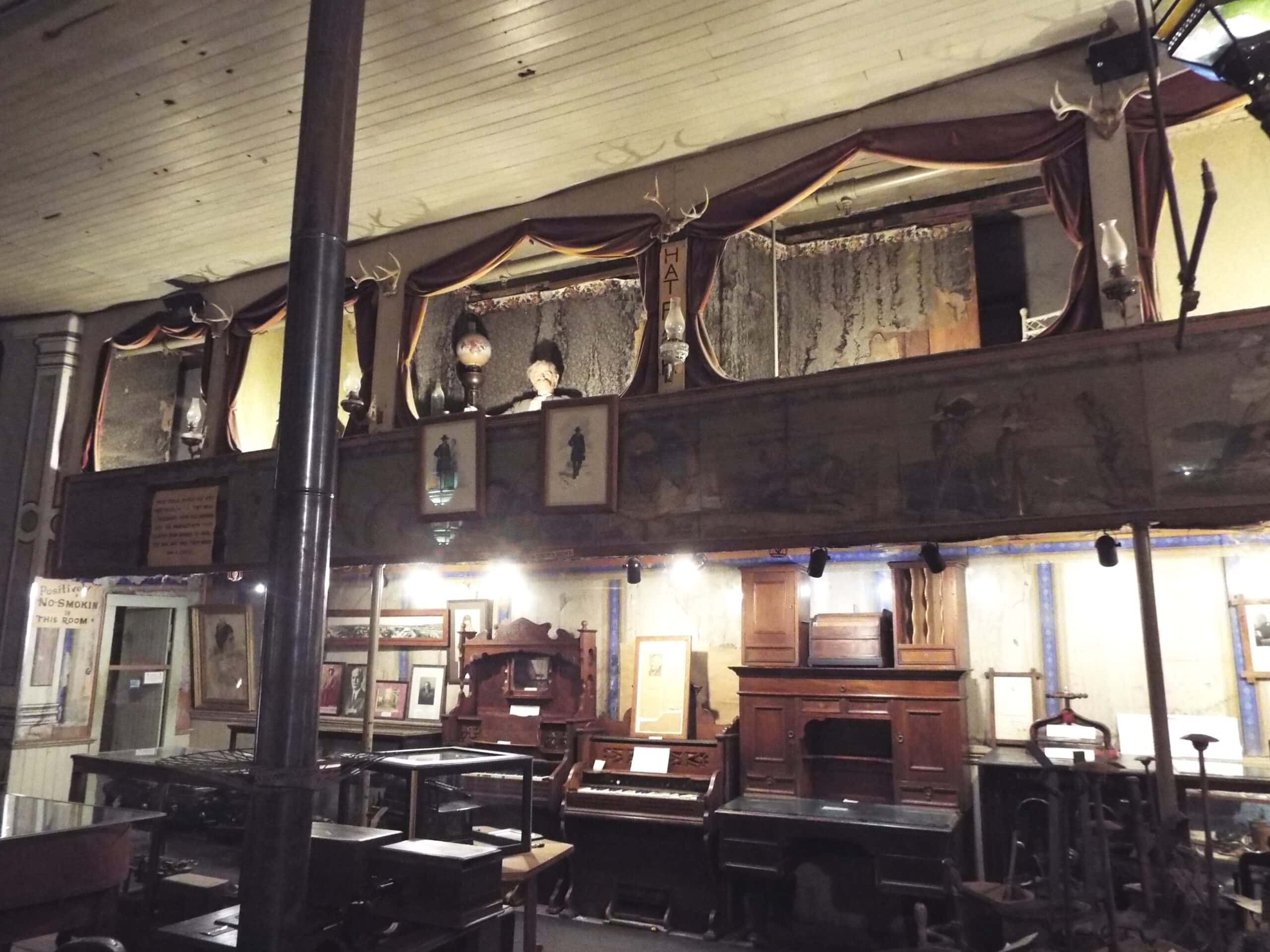 The interior and upstairs balcony boxes of the Bird Cage Theatre in Tombstone, Arizona
